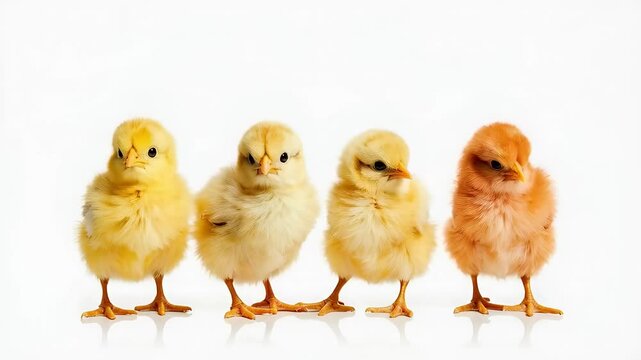 Colorful chicks standing in a row against a white background during spring season