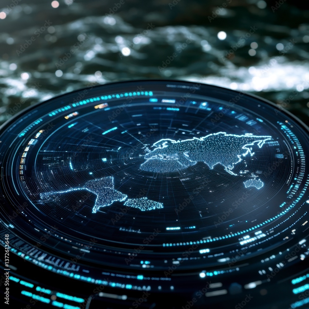 Poster futuristic digital world map displayed on a dark circular interface, glowing with blue light against