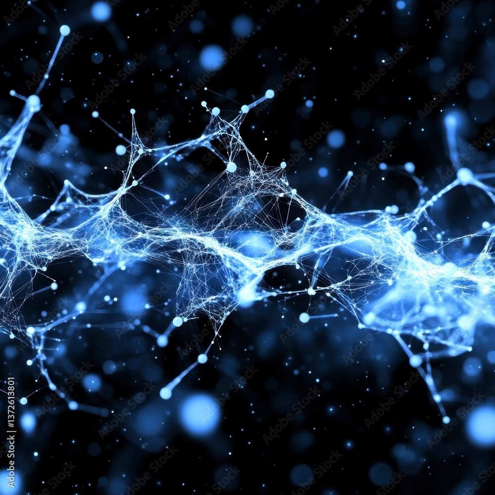 Poster abstract digital art depicting a glowing blue network of interconnected nodes and lines against a da