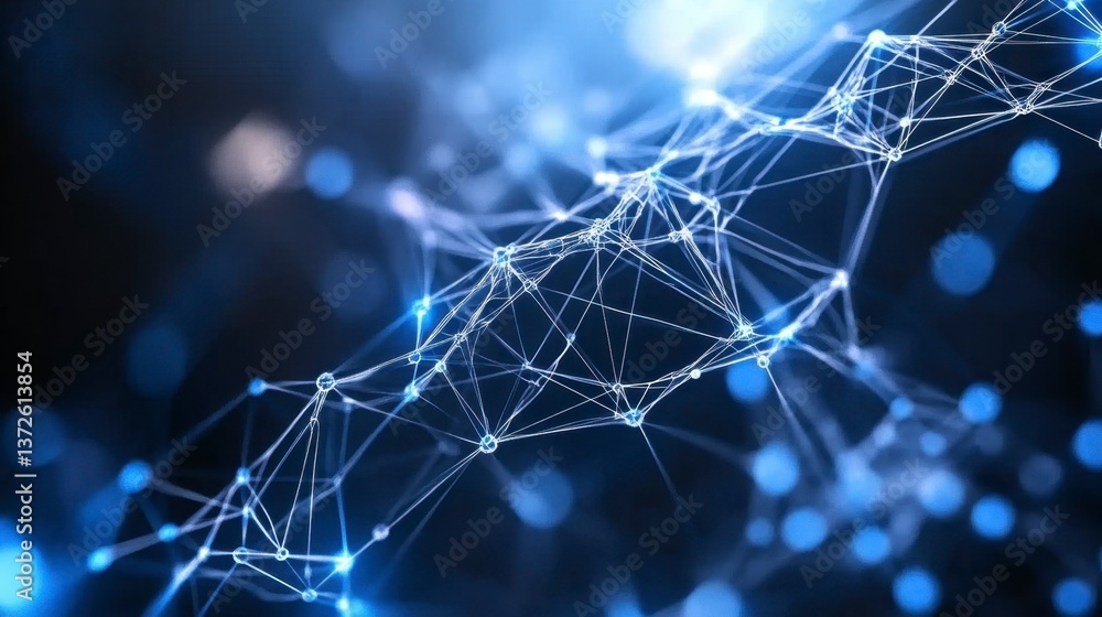 Poster abstract digital illustration of a glowing blue network of interconnected nodes and lines against a 