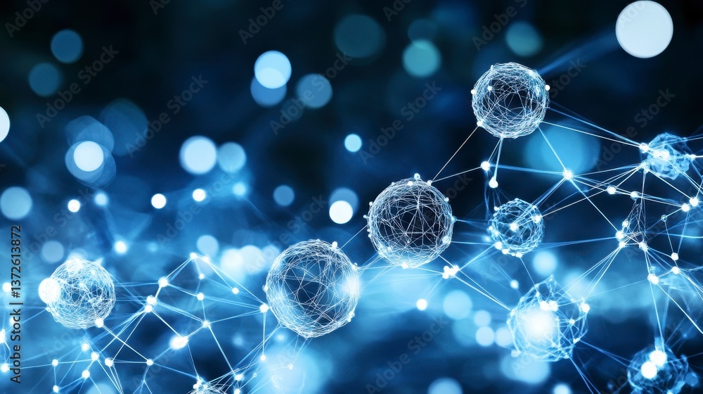 Poster abstract background with glowing blue network nodes and connections. dark background with bokeh effe