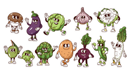 Groovy vegetable cartoon characters set. Funny retro Brussels sprout and cabbage, green pea and mushroom, potato. Food mascot, cartoon cute vegetable stickers of 70s 80s style vector illustration