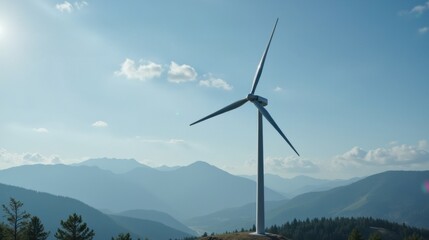 Wind Turbine in Mountain Landscape with Clear Blue Sky and Clouds