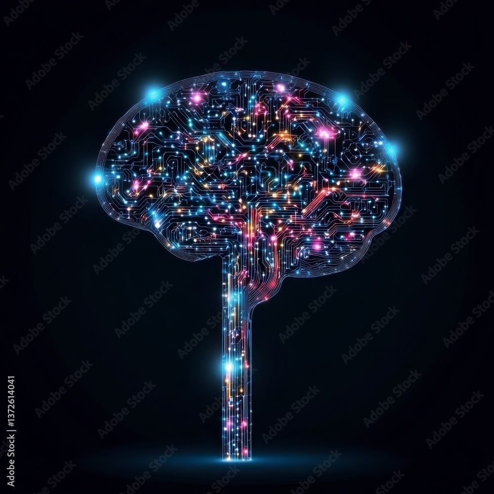 Poster glowing digital brain circuit board, abstract concept of artificial intelligence, futuristic technol