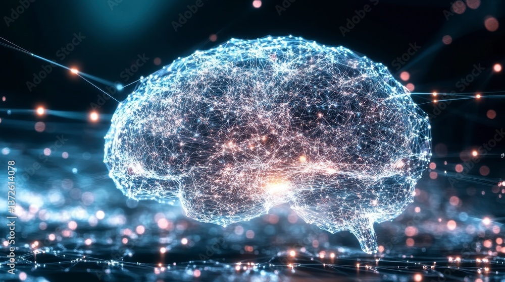 Poster abstract digital representation of a human brain, glowing with light and connected by lines, set aga