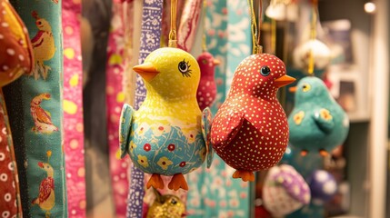 easter eggs festive decorations. Colorful Fabric Bird Ornaments Hanging in Shop Display.