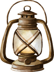 Watercolor Vintage Lantern Clipart – Rustic Hand-Painted Oil Lamp PNG.