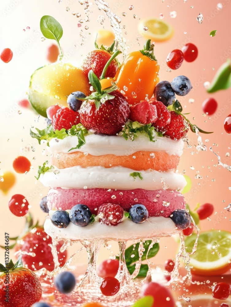 Aufkleber dynamic splash of fresh vegetables and fruits with vibrant colors and water droplets, captured in a 