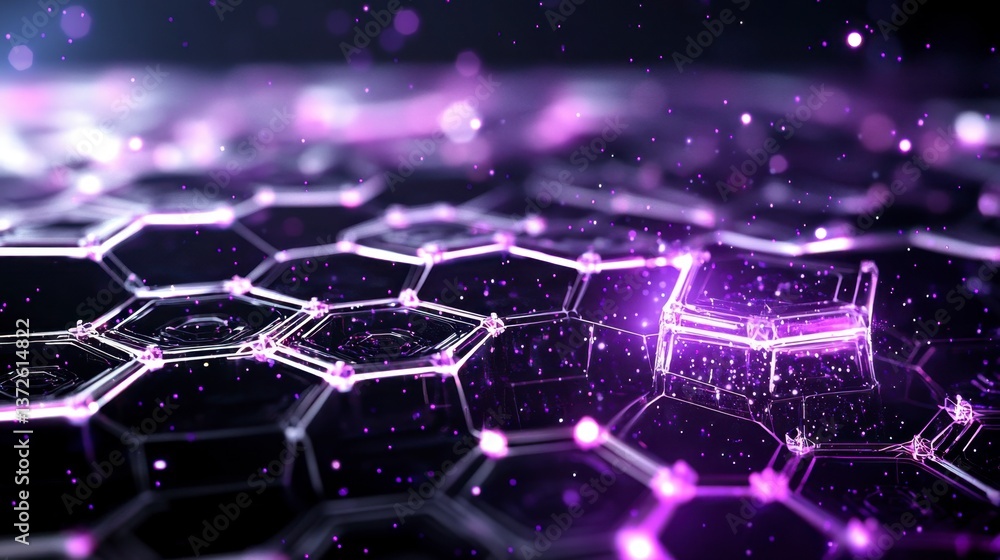 Poster abstract digital network background with glowing purple hexagonal patterns and a faint chair like sh