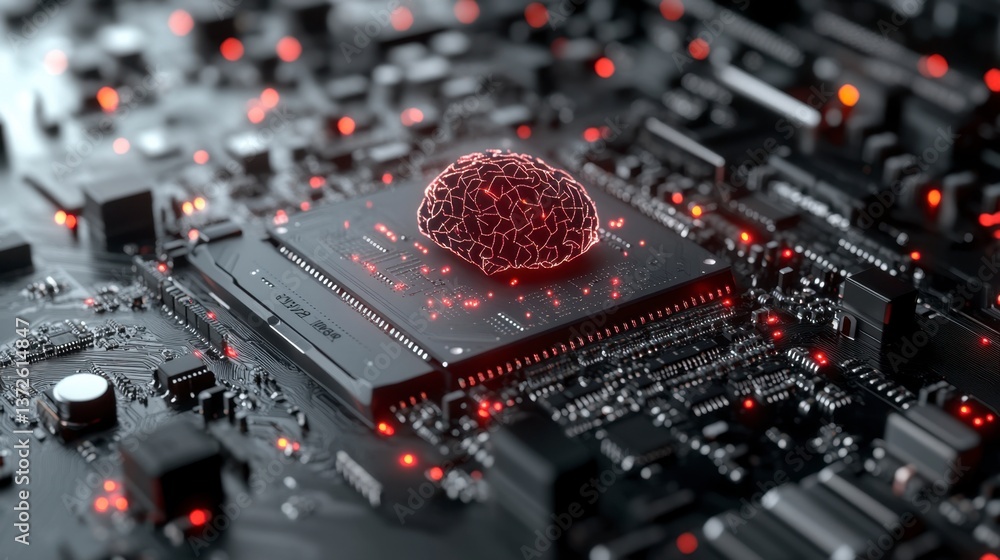 Poster abstract 3d rendering of a glowing red neural network brain integrated into a black circuit board, s