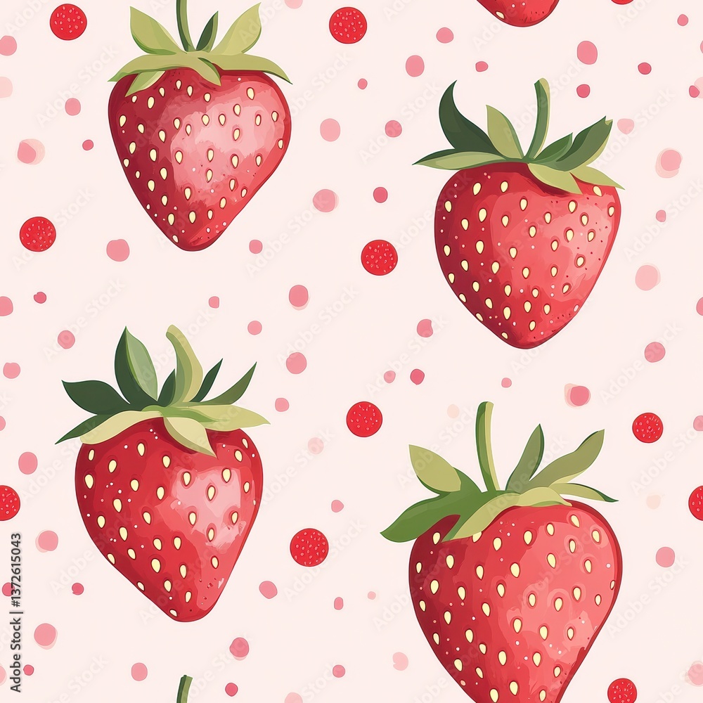 Poster beautiful strawberry seamless pattern featuring vibrant reds on a pastel pink background with playfu