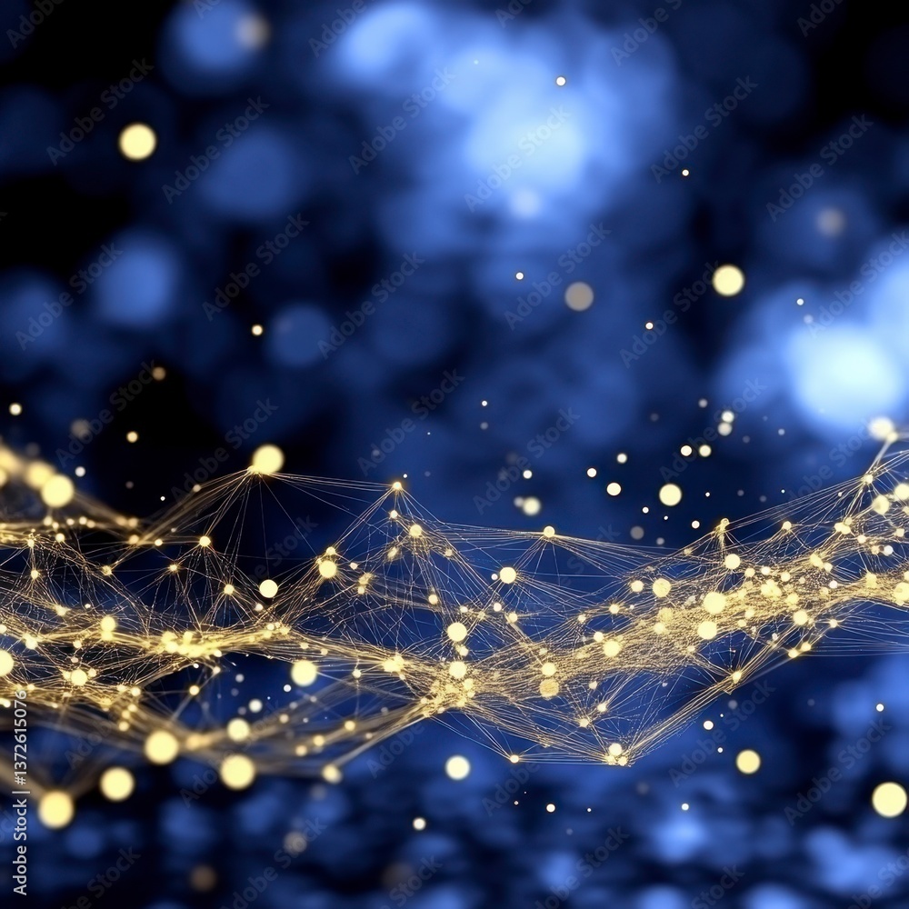 Aufkleber abstract image of a golden and blue wave like form composed of interconnected glowing particles on a