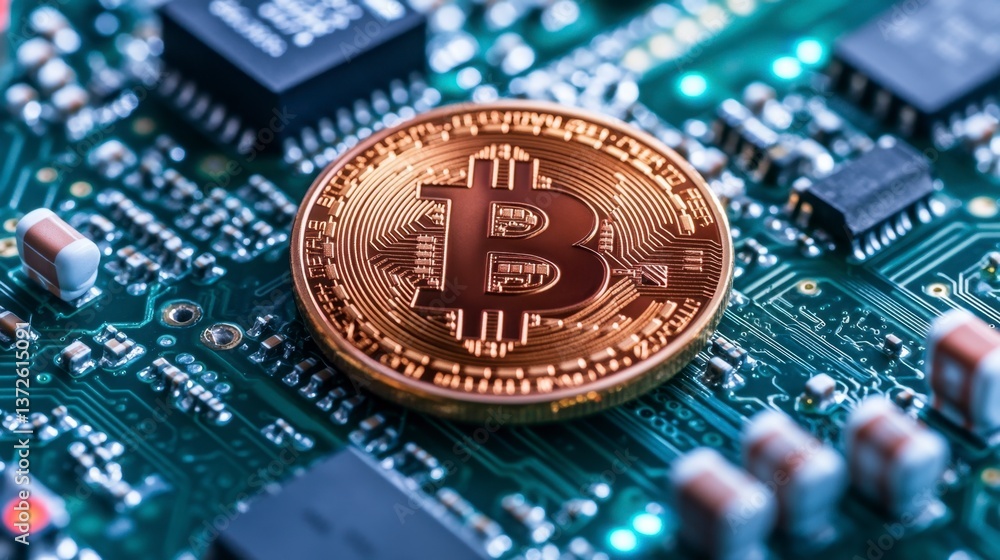 Poster close up view of a gold colored bitcoin cryptocurrency coin resting on a green circuit board. the in