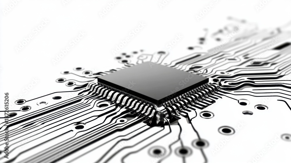 Poster close up view of a central processing unit (cpu) chip on a circuit board. the chip is grayscale, set