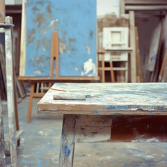 Close-up of a wooden piece on an artist's studio desk surrounded by creative tools and artistic materials for inspiration
