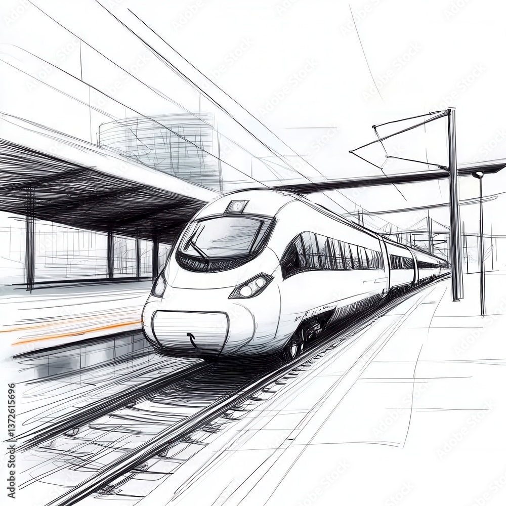 Poster sketch of a high speed train at a modern railway station, depicted in grayscale with subtle shading 