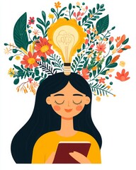 Phygital experience innovation engagement. A serene illustration of a woman reading, with vibrant flowers and a light bulb above her head, symbolizing creativity and inspiration.
