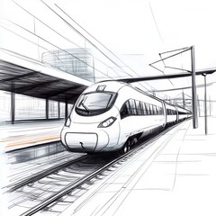 Fototapeta premium Sketch of a high speed train at a modern railway station, depicted in grayscale with subtle shading and linework. The train is sleek and futuristic, appearing to arrive or depart from the platform.