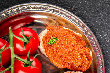 Pepper pate red pepper dip roasted vegetable hummus appetizer vegetables dish fresh gourmet food...