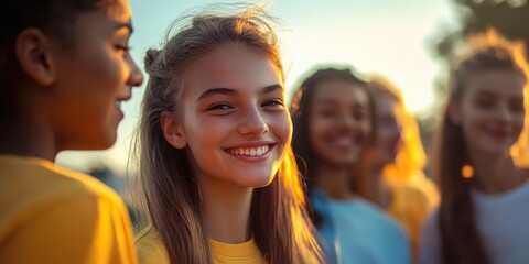 Fototapeta premium a group of teens hanging out, focus on smiles and casual clothes, vibrant outdoor setting captures the camaraderie of teen life