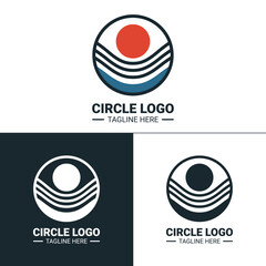 Fototapeta premium Abstract circular logo with a gradient sun and horizontal lines, possibly representing a stylized sunrise or sunset over water. Suggests warmth, transition, or natural cycles. Shown in color and monoc