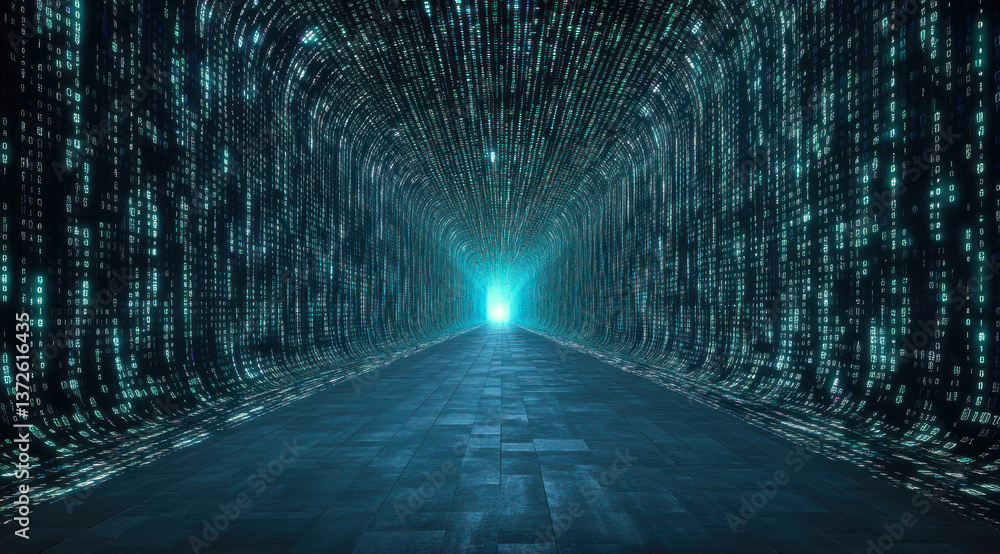 Poster a mesmerizing tunnel of glowing binary code leads toward an illuminated exit, symbolizing the journe