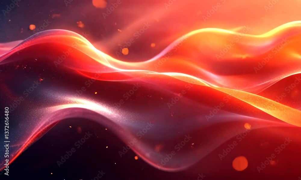 Poster energetic red and orange light waves flowing fluidly with dynamic particle effects