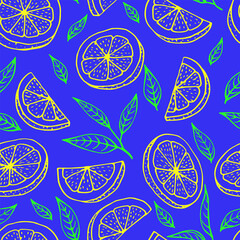 Seamless pattern with Lemon slices, tea leaves. Hand drawn vector illustration.