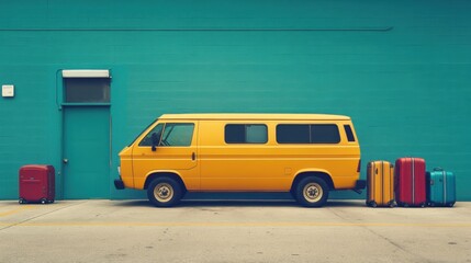 Bright Yellow Van Parked Next to Colorful Suitcases Against a Bold Teal Wall in Urban Setting, Perfect for Travel and Adventure Concepts
