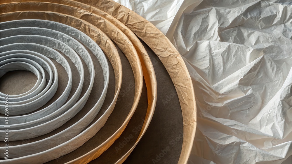 Poster environmental awareness day concept. textured paper rolls and crumpled foil create an abstract, arti