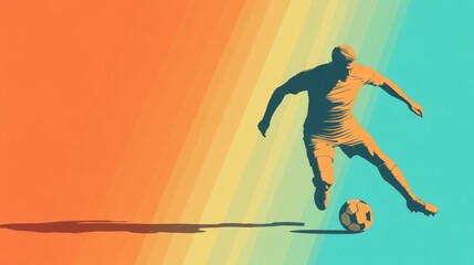 Dynamic Soccer Player Kicking Ball in Silhouette Against Vibrant Gradient Background of Orange and Blue Colors for Sports and Fitness Themes