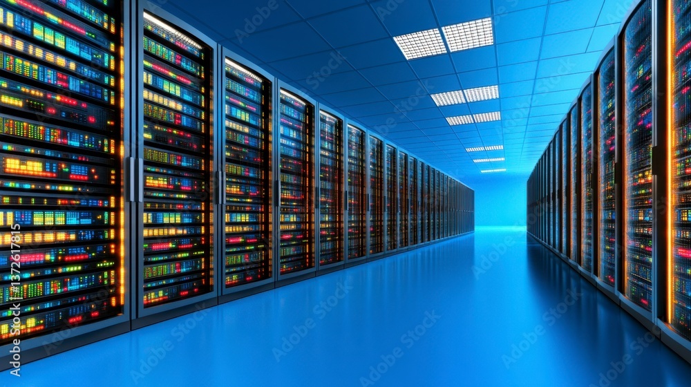 Poster rows of illuminated servers in a modern data center. blue lighting, clean lines, and reflective floo