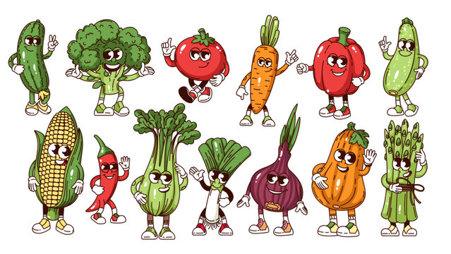 Naklejki Groovy vegetable cartoon characters set. Funny retro red tomato and chili pepper, pumpkin and onion, asparagus bunch. Food mascot, cartoon cute vegetable stickers of 70s 80s style vector illustration