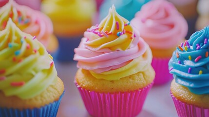 Colorful cupcakes with neon icing and rainbow sprinkles in vibrant bakery setting close up