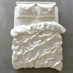 Obraz premium Aerial view of a neatly made white bed with soft sheets and pillows creating a serene and inviting atmosphere