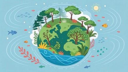 Environmental awareness day concept. Illustration of Earth surrounded by nature, featuring trees, water, and wildlife.