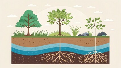 Obraz premium Environmental awareness day concept. Illustration of trees with roots and water, showcasing nature's ecosystem.