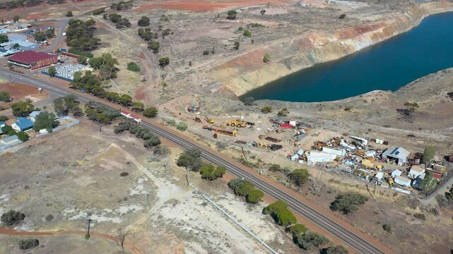 Truck on the Way, past the Gold mine through the historical Town, View of highway, Aerial View, Video, "Southern Cross", Western Australia, Australia