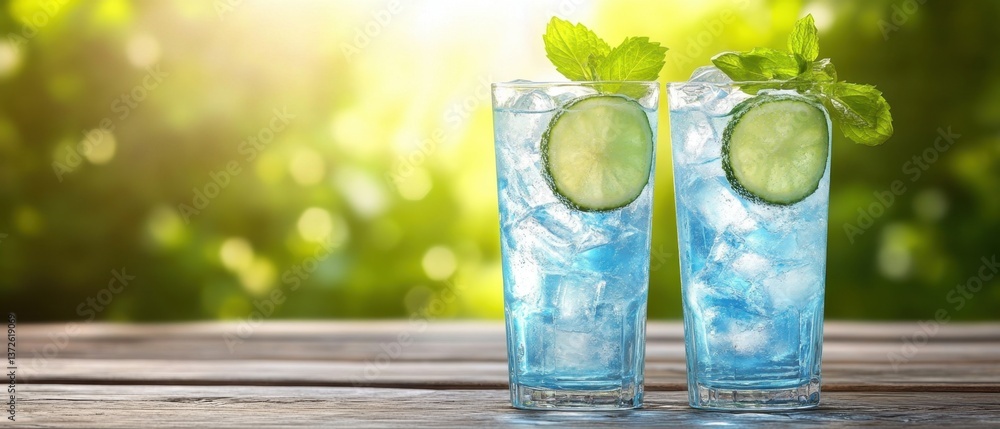 Poster refreshing blue cocktail with lime and mint on wooden table against a green bokeh background in summ