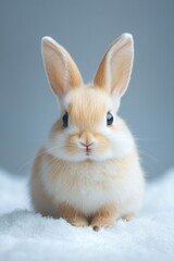 Obraz premium Adorable bunny portrait on snow covered ground with soft light and pastel background for easter and spring season
