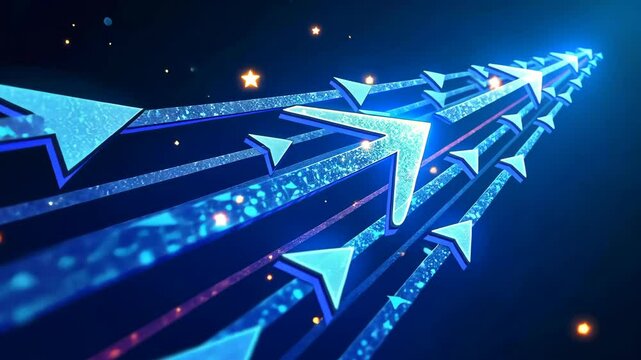 Multiple glowing blue arrows surge forward on parallel tracks in a dark, starry expanse