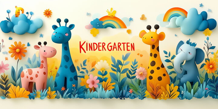 Fototapeta Abstract background. A delightful kindergarten-themed wallpaper featuring playful giraffes, elephants, clouds, rainbows, and flowers in soft pastel tones. Perfect for early childhood education