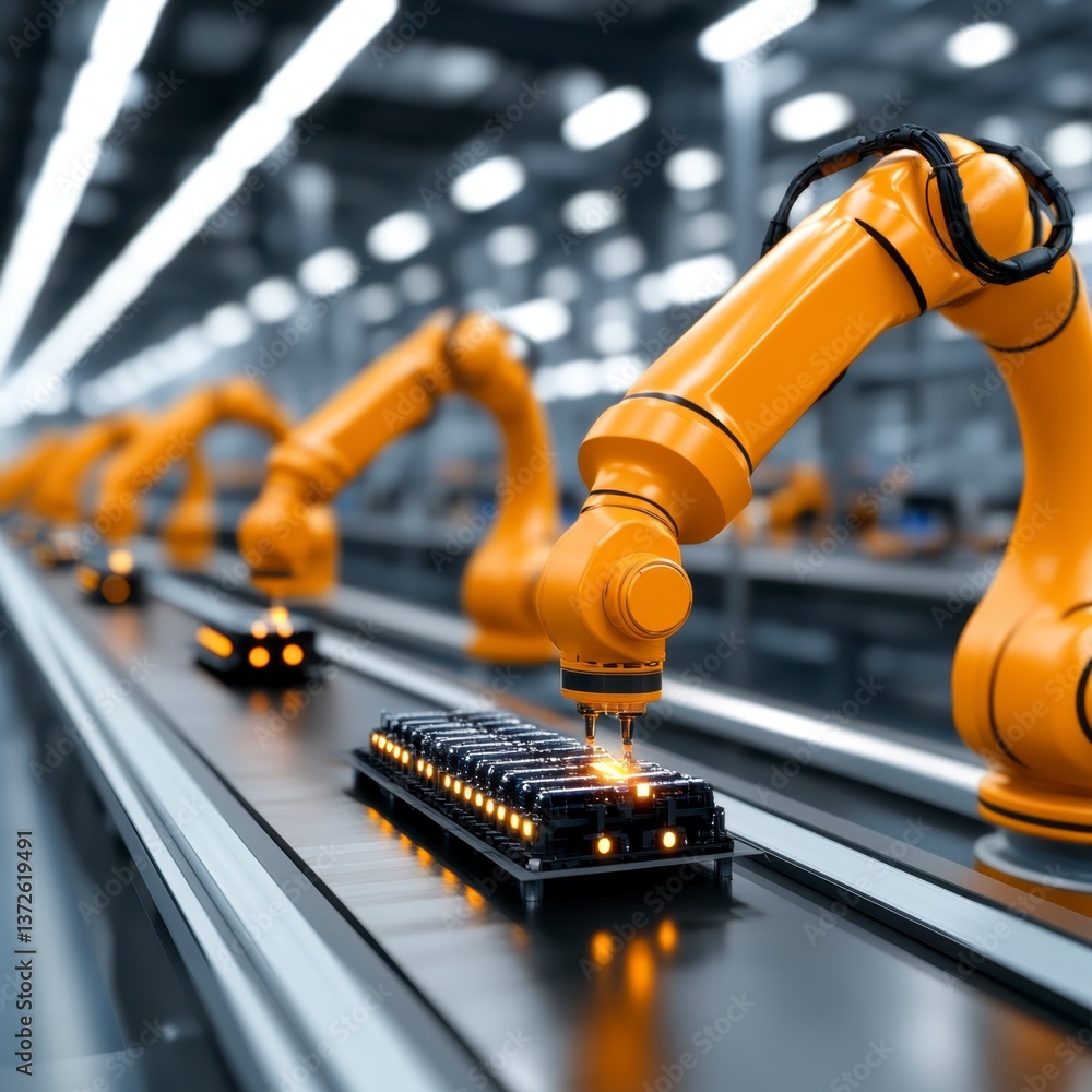 Poster close up view of several orange robotic arms assembling small black components on a factory assembly