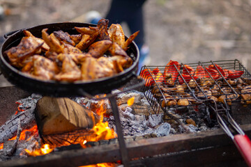 Grilling chicken wings and vegetables over open fire