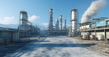 Obraz premium A large industrial facility with tall towers and a clear blue sky