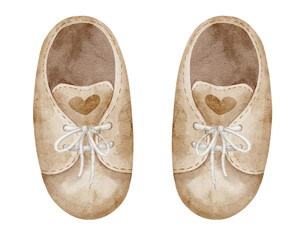 Watercolor illustration of beige Baby Shoes with laces and heart details. Hand-drawn infant footwear design for newborn greeting cards or invitations. Art of toddler accessories for childish design.