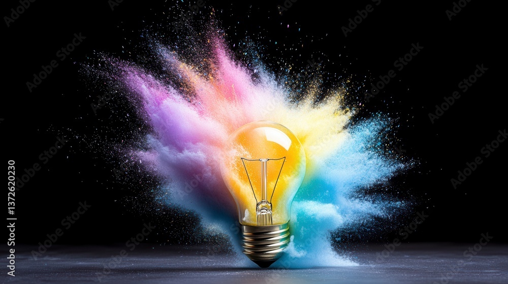 Poster a lightbulb explodes in a burst of vibrant rainbow colored powder against a black background. the im