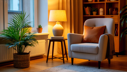 Cozy Living Room Interior with Armchair Lamp and Plants