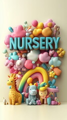 Naklejka premium Abstract background. A charming nursery-themed wallpaper featuring playful giraffes, elephants, colorful clouds, rainbows, and flowers in soft pastel tones. Cheerful and warm atmosphere for baby rooms