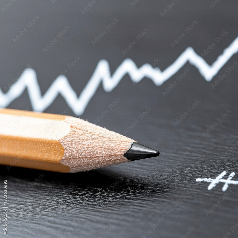 Poster close up view of a sharpened pencil pointing towards a white upward trending line graph drawn on a d